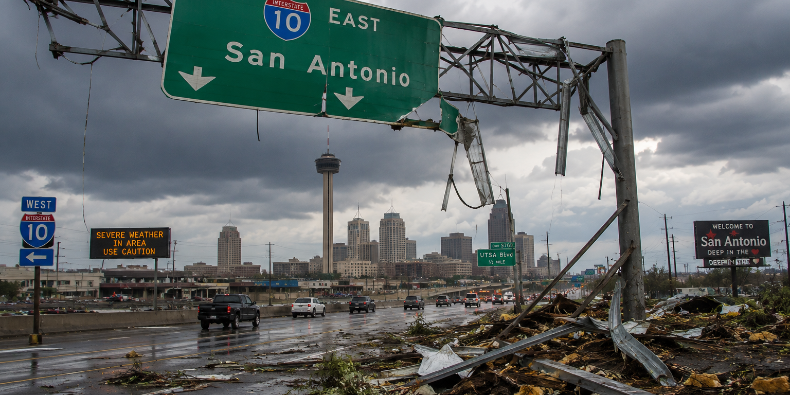 Damaged Interstate 10 East sign near downtown San Antonio after a tornado, with storm debris on the roadway and the Tower of the Americas visible in the background