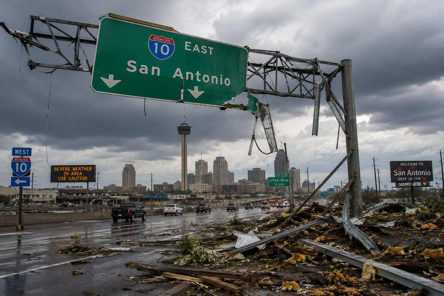 Damaged Interstate 10 East sign near downtown San Antonio after a tornado, with storm debris on the roadway and the Tower of the Americas visible in the background