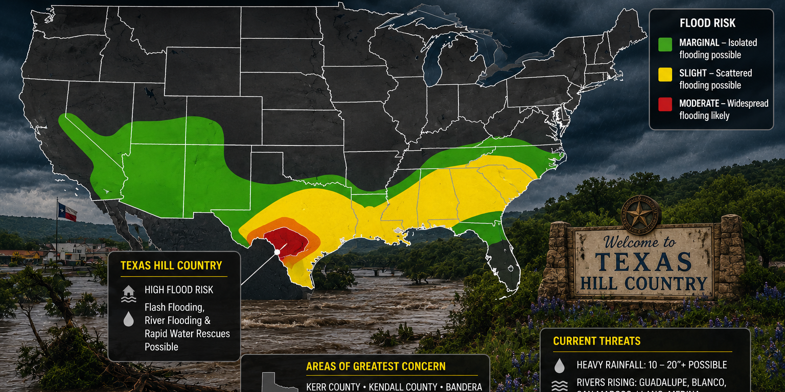 texas-hill-country-flood-outlook-july-2026 Map showing the July 2026 Texas Hill Country flood outlook with excessive rainfall and flood risk zones