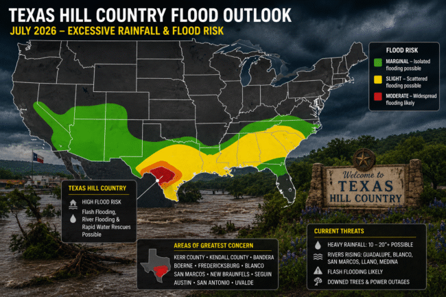 texas-hill-country-flood-outlook-july-2026 Map showing the July 2026 Texas Hill Country flood outlook with excessive rainfall and flood risk zones