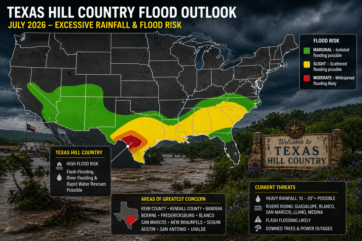 Map showing the July 2026 Texas Hill Country flood outlook with excessive rainfall and flood risk zones